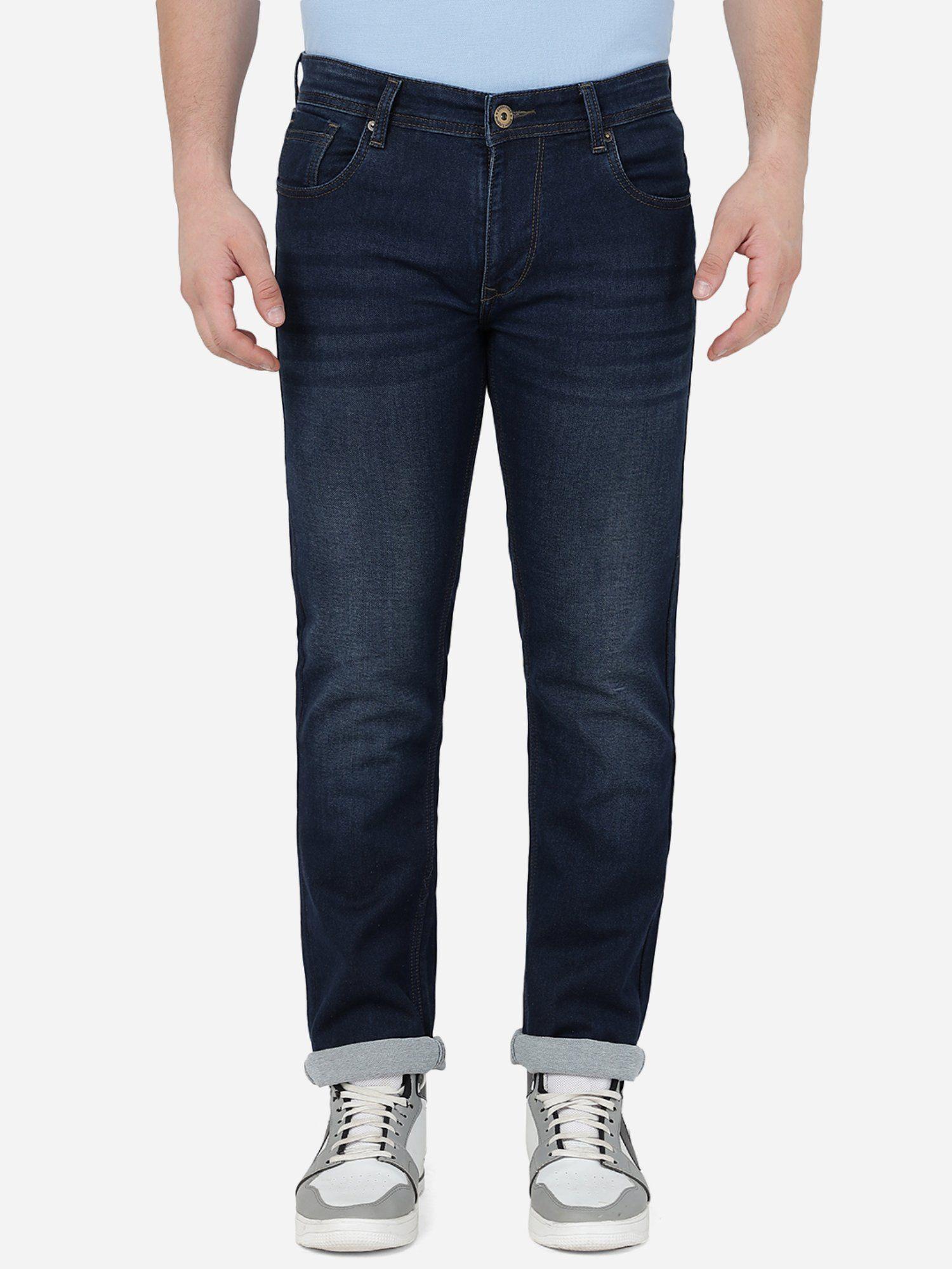 men indigo blue cotton stretch narrow fit solid jeans