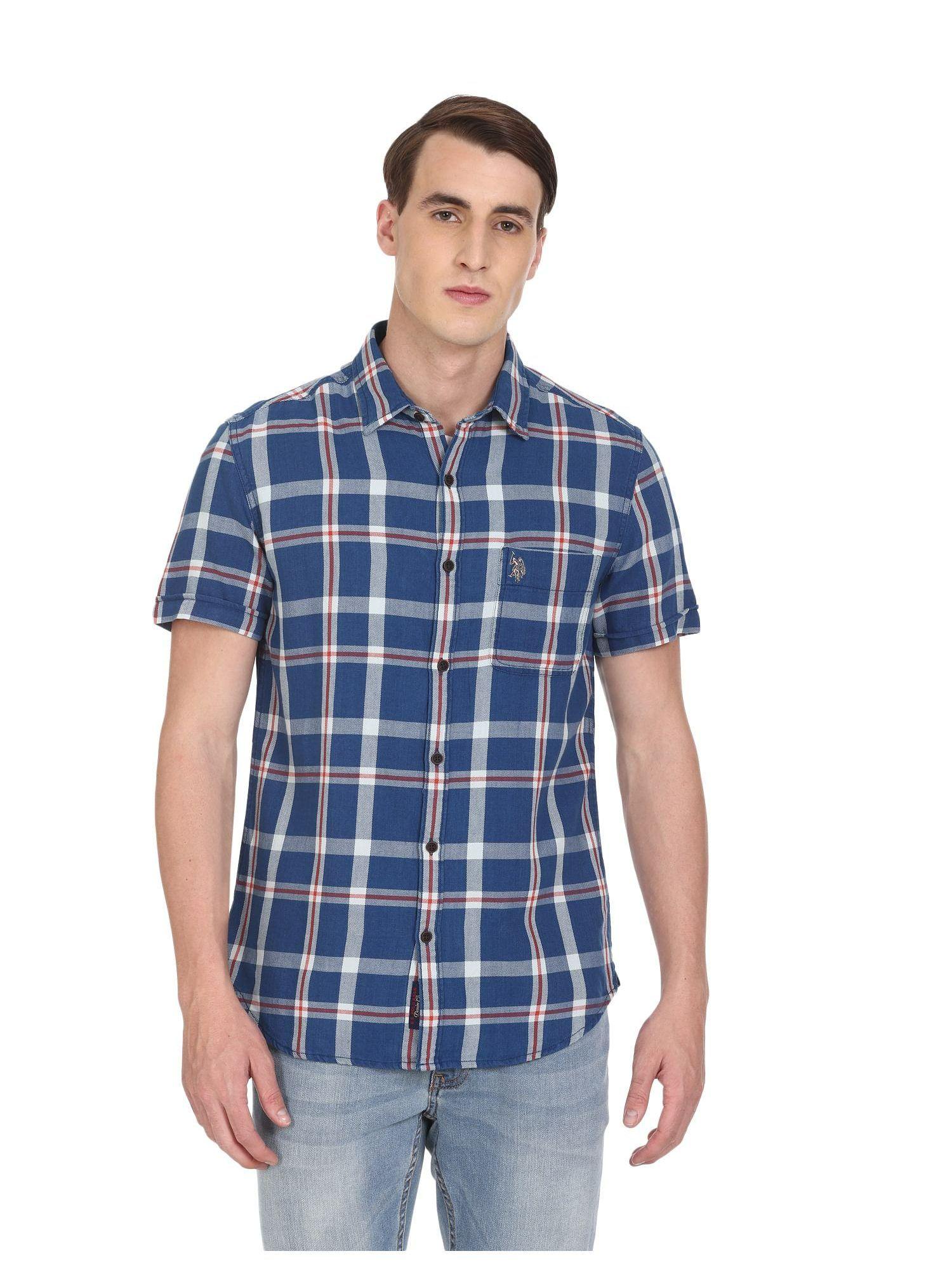 men indigo plaid check twill cotton casual shirt