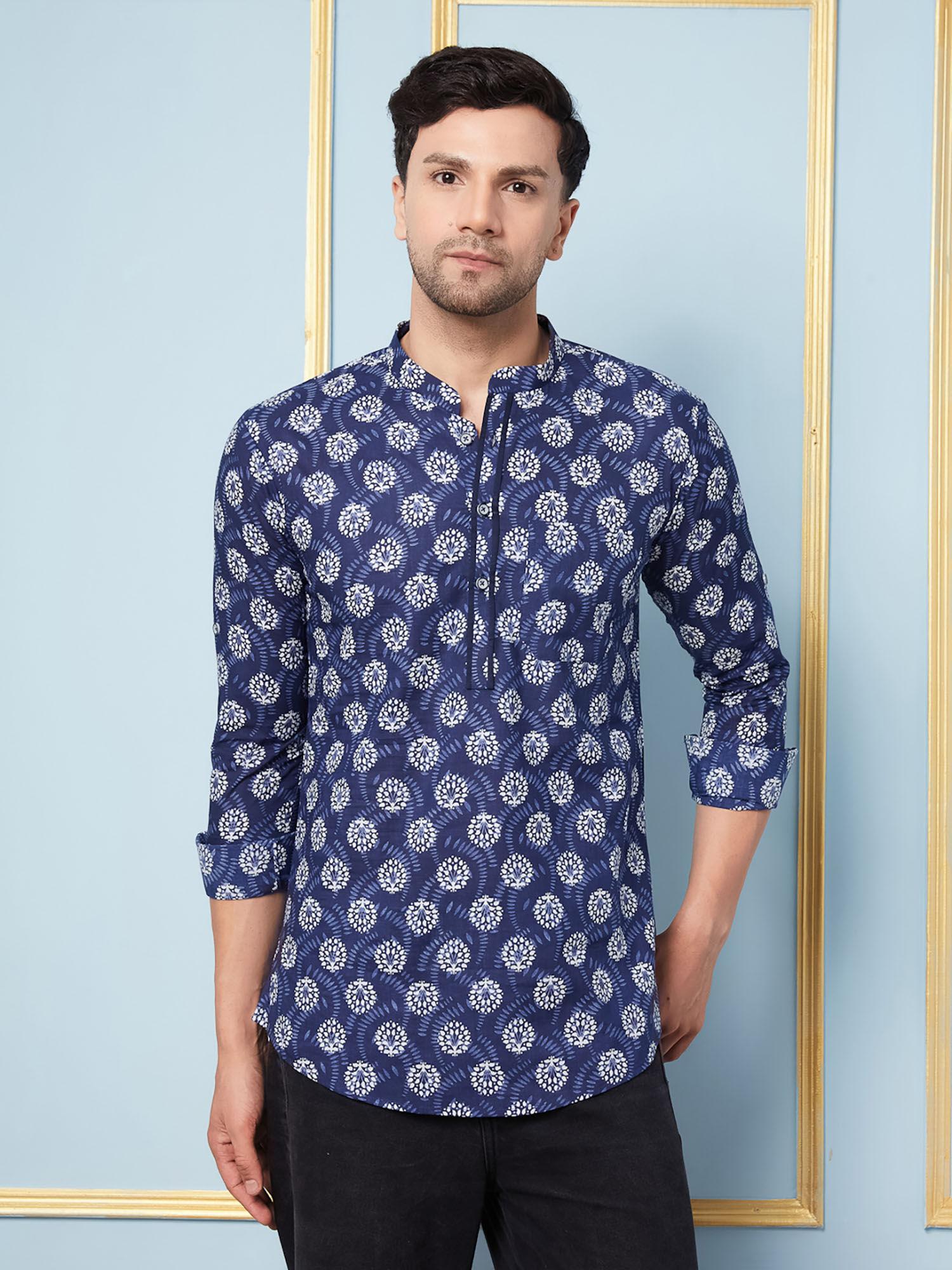 men indigo printed cotton short kurta