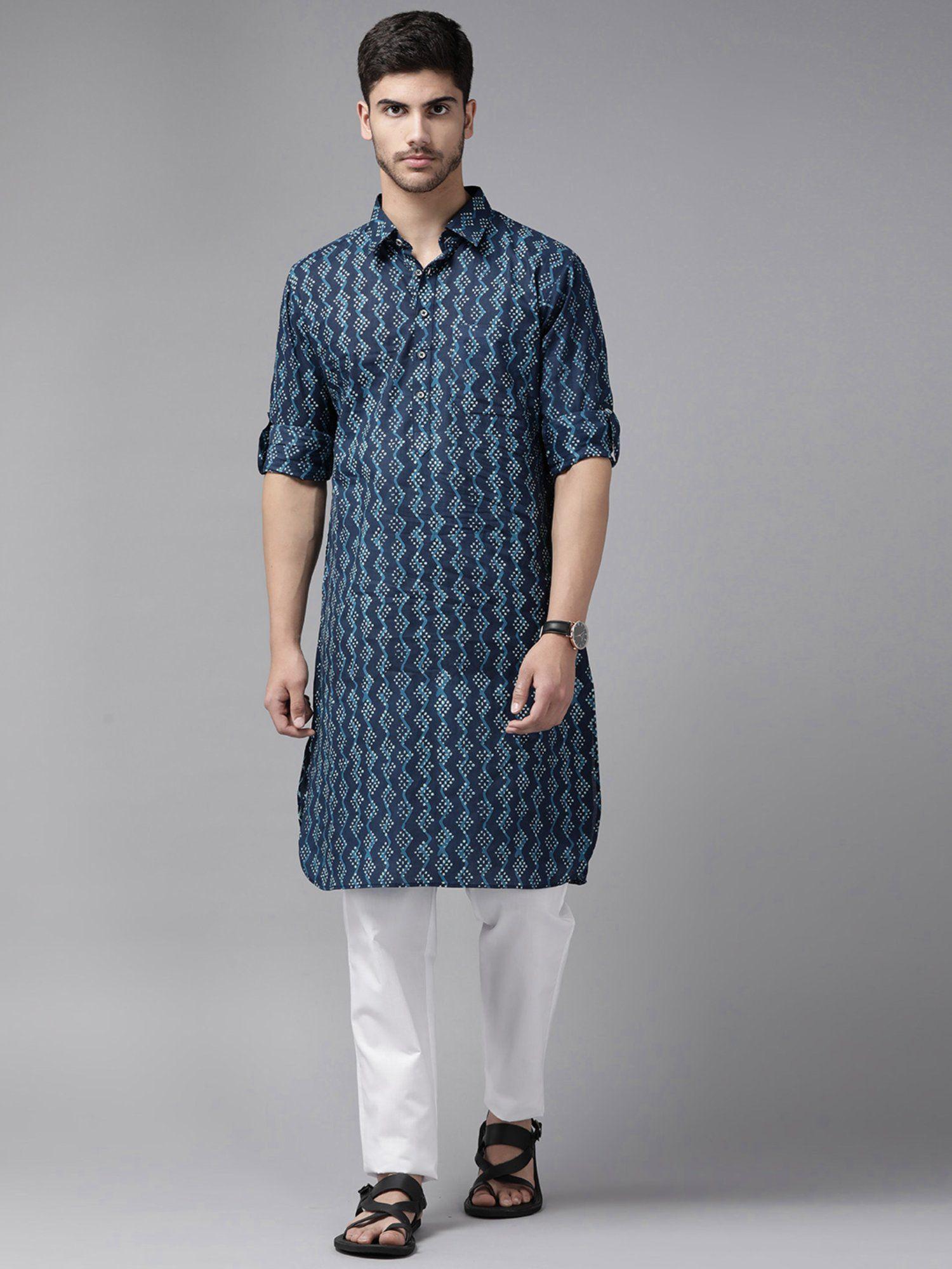 men indigo regular pathani printed men's kurta with white salwar (set of 2)