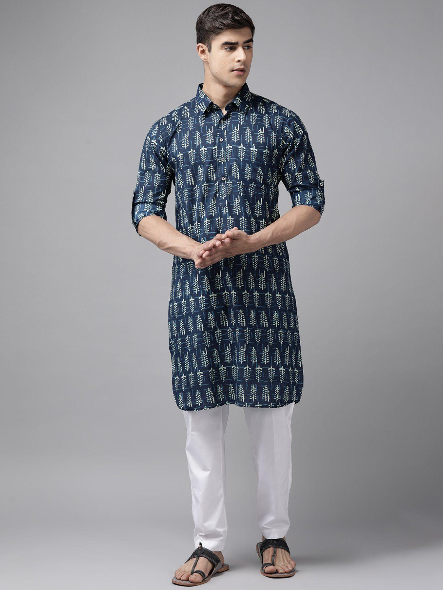 men indigo regular pathani printed men's kurta