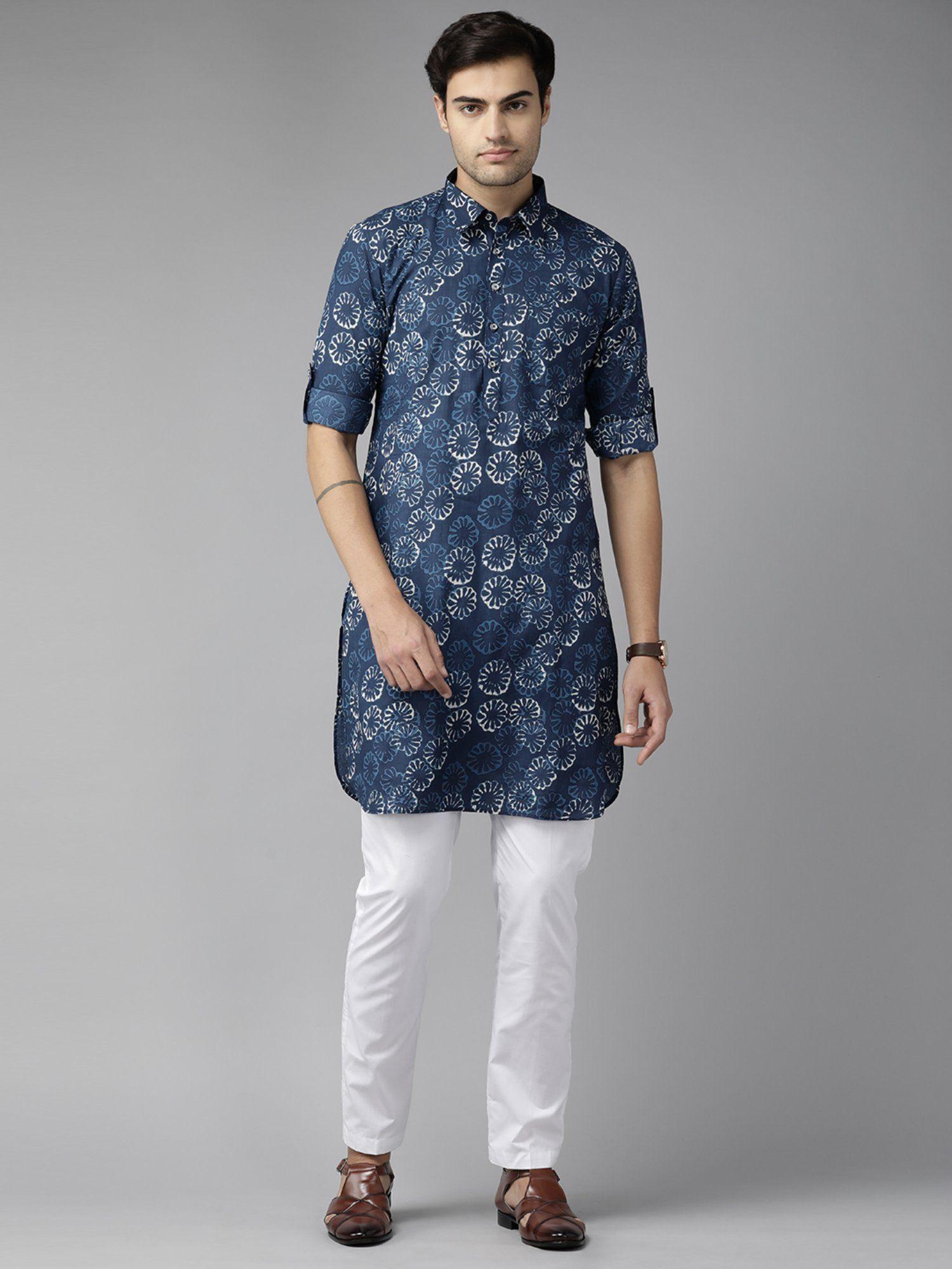 men indigo regular pathani printed men's kurta