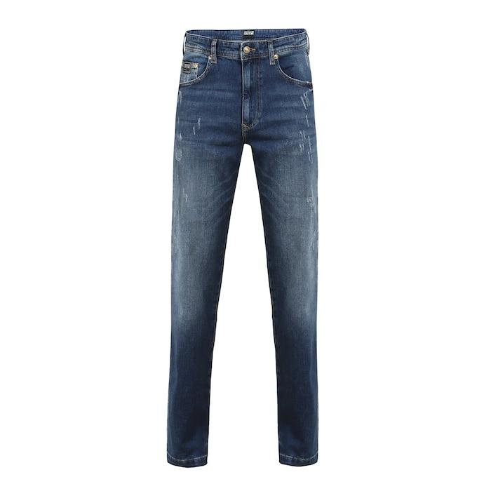 men indigo scraped jeans with medium stretch