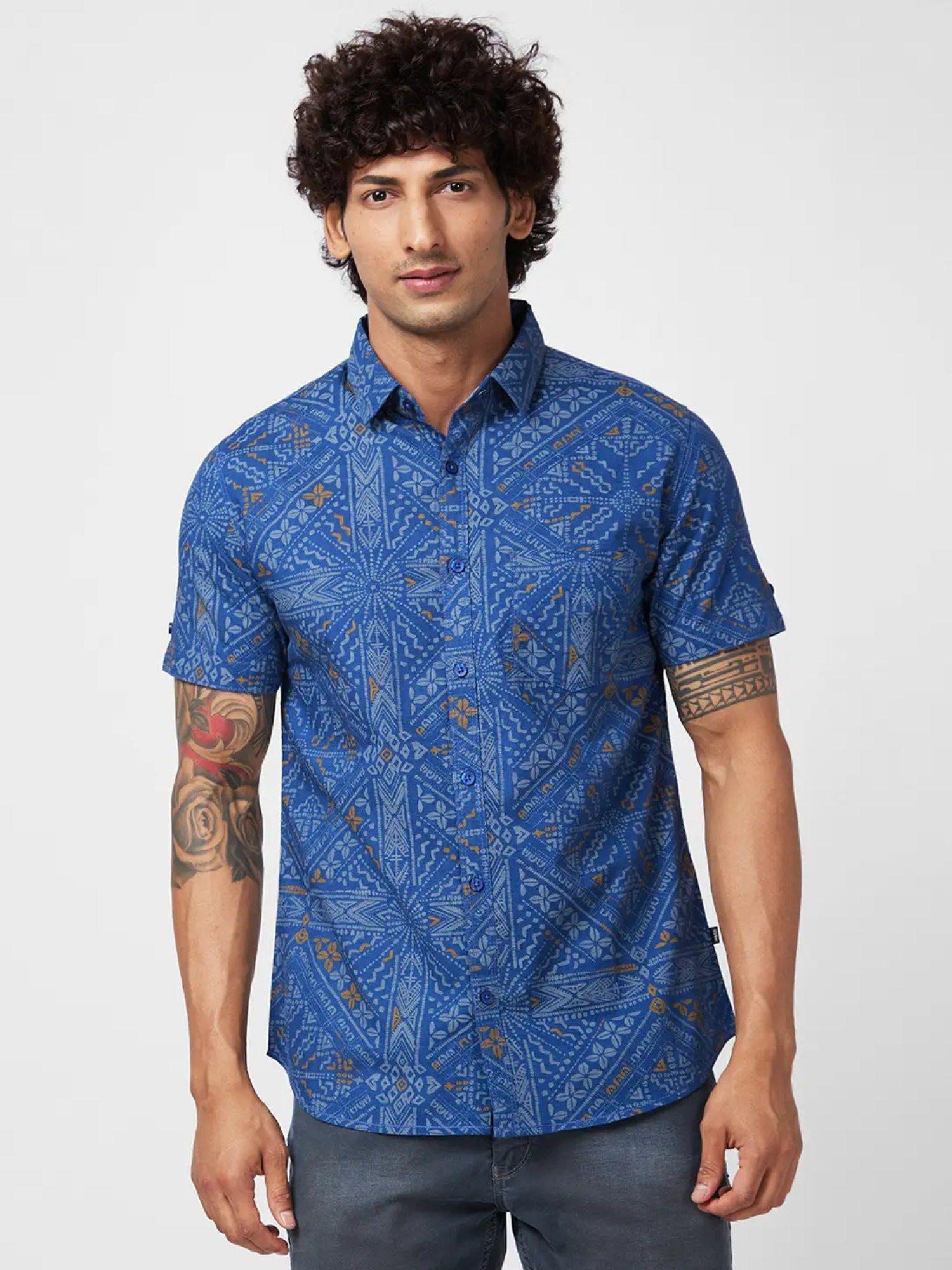 men indigo slob regular slim fit half sleeve causal printed shirt