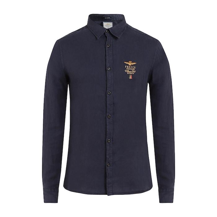 men indigo solid chest logo shirt