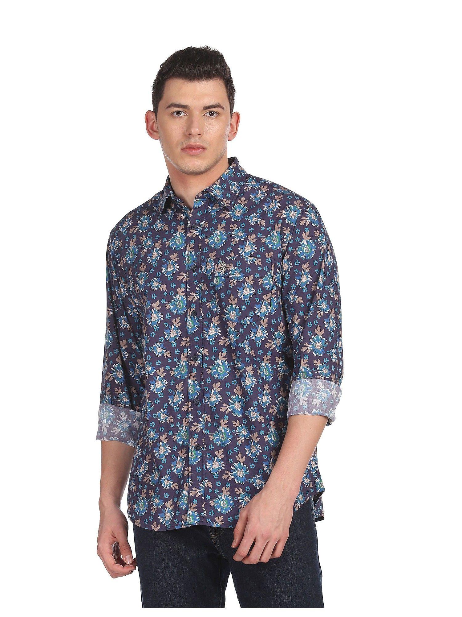 men indigo spread collar floral print casual shirt