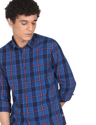 men indigo tartan check pure cotton casual shirt