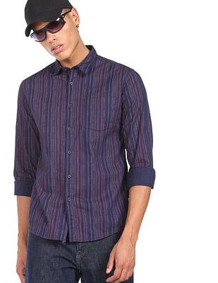 men indigo vertical stripe cotton casual shirt