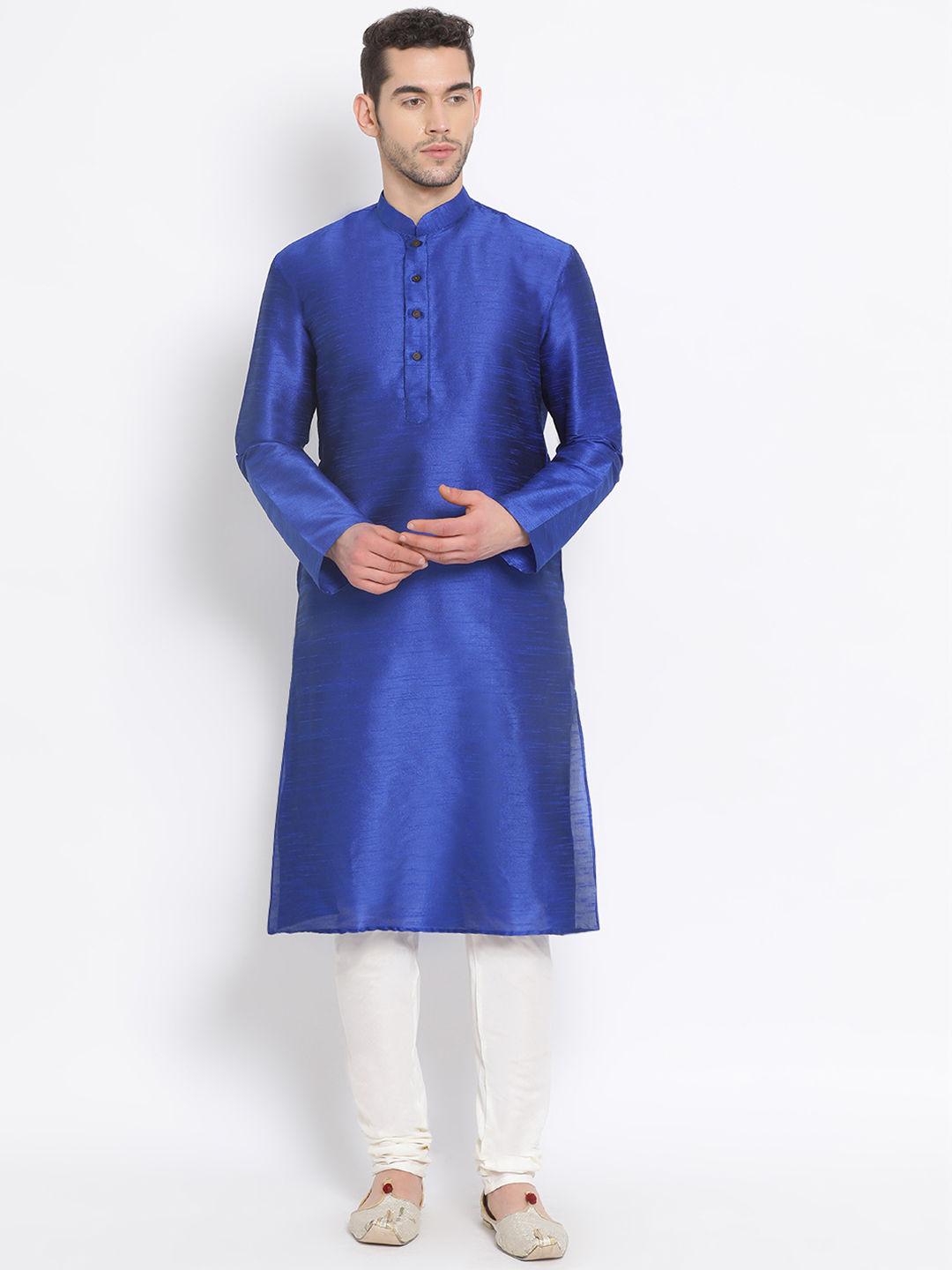 men ink blue and off white color silk blend kurta and pyjama (set of 2)