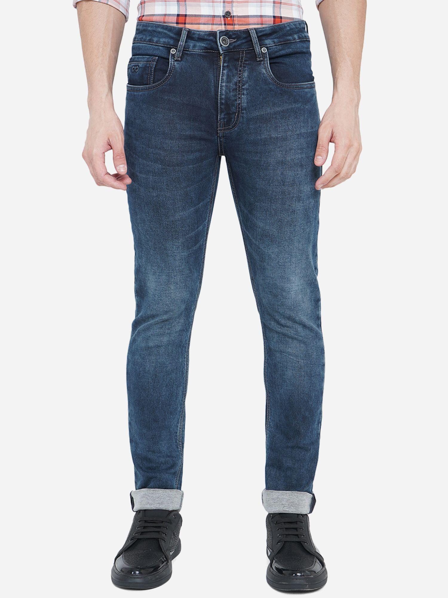 men ink blue cotton stretch slim fit solid washed jeans