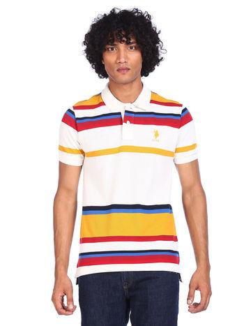 men ivory ribbed colour striped polo t-shirt