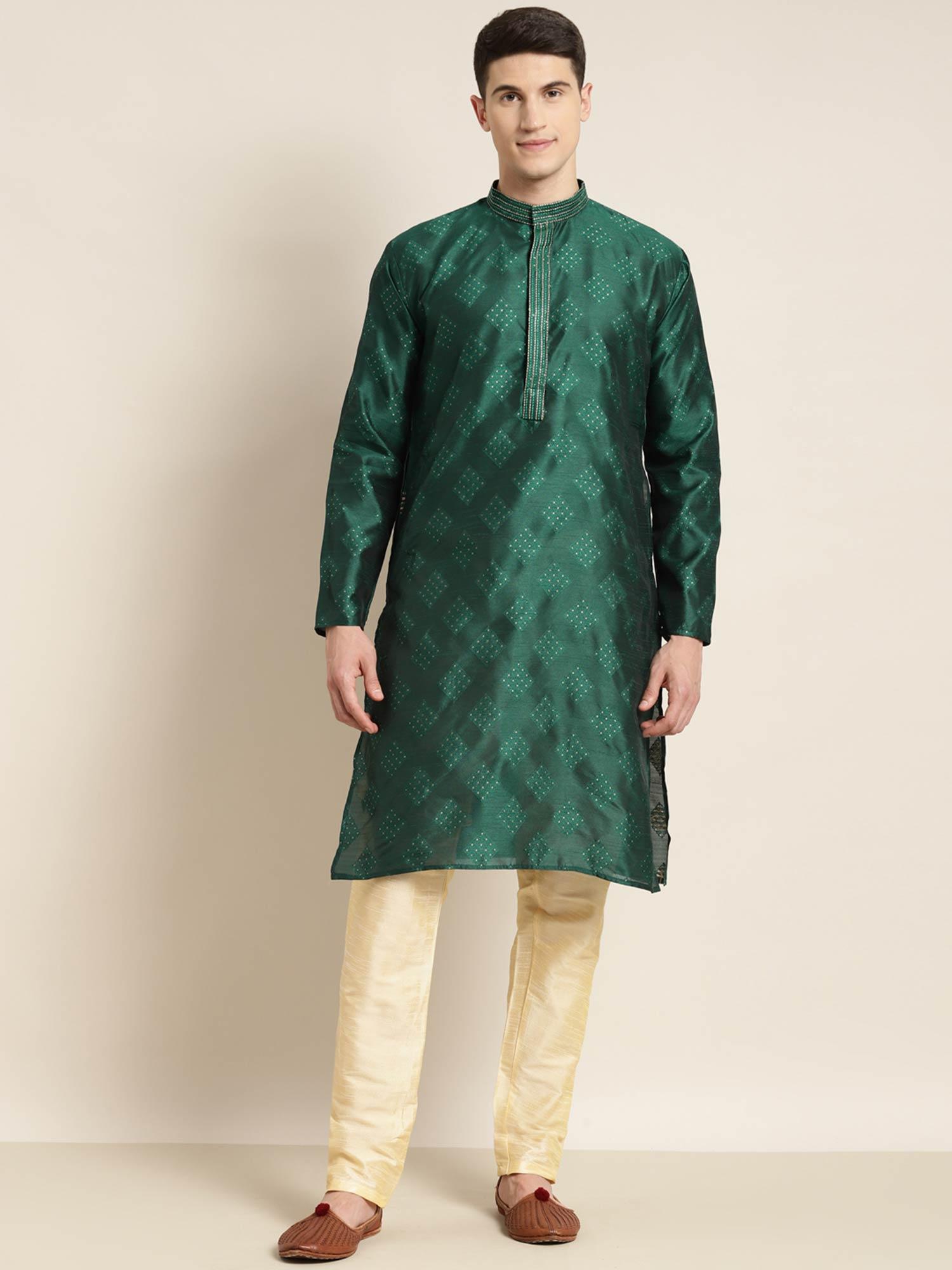 men jacquard silk dark green & gold self design long kurta