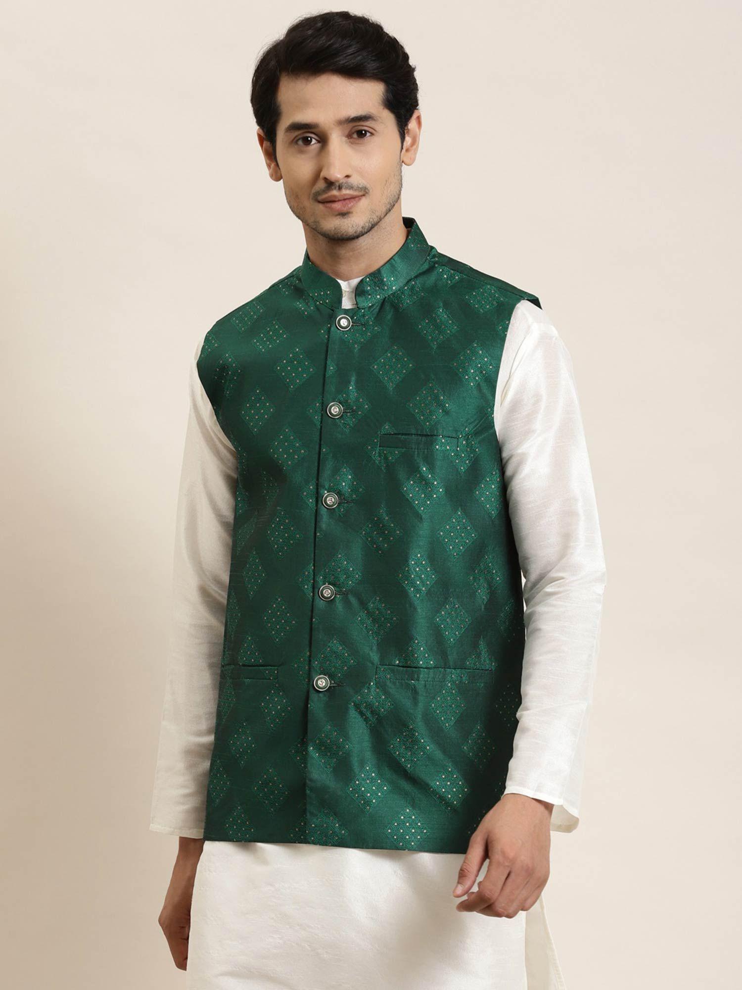 men jacquard silk dark green & gold self design nehru jacket