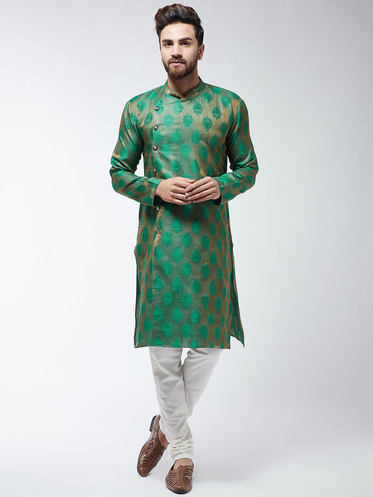 men jacquard silk dark green kurta & off-white churidar pyjama (set of 2)