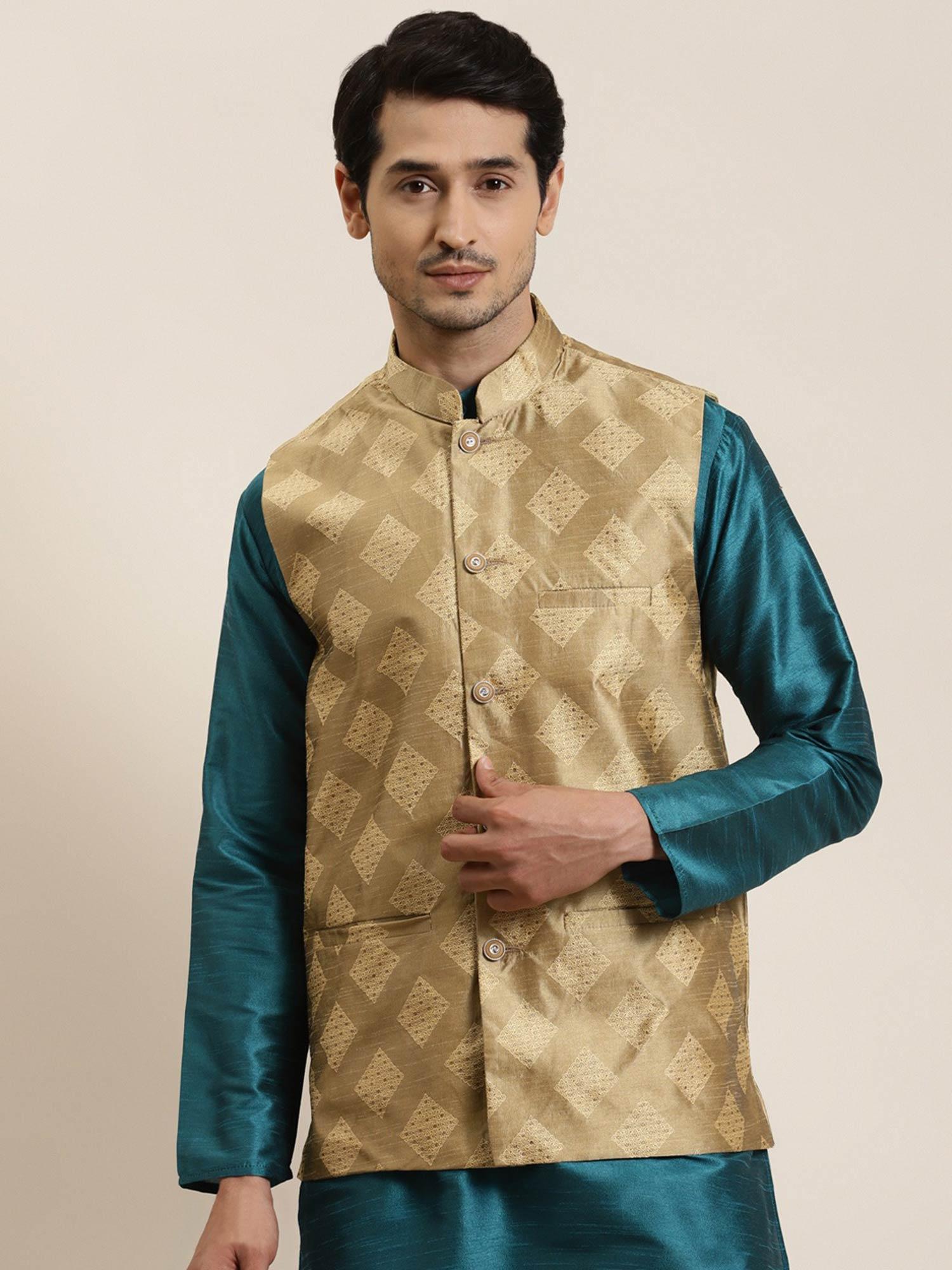 men jacquard silk gold self design nehru jacket