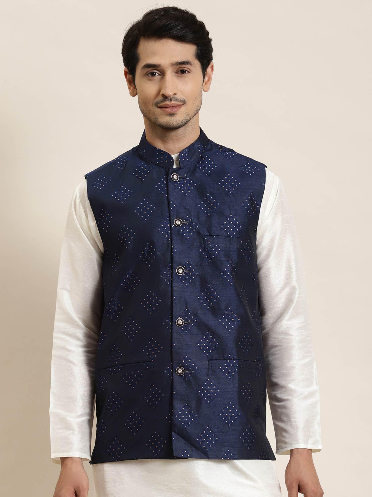 men jacquard silk navy blue & gold self design nehru jacket