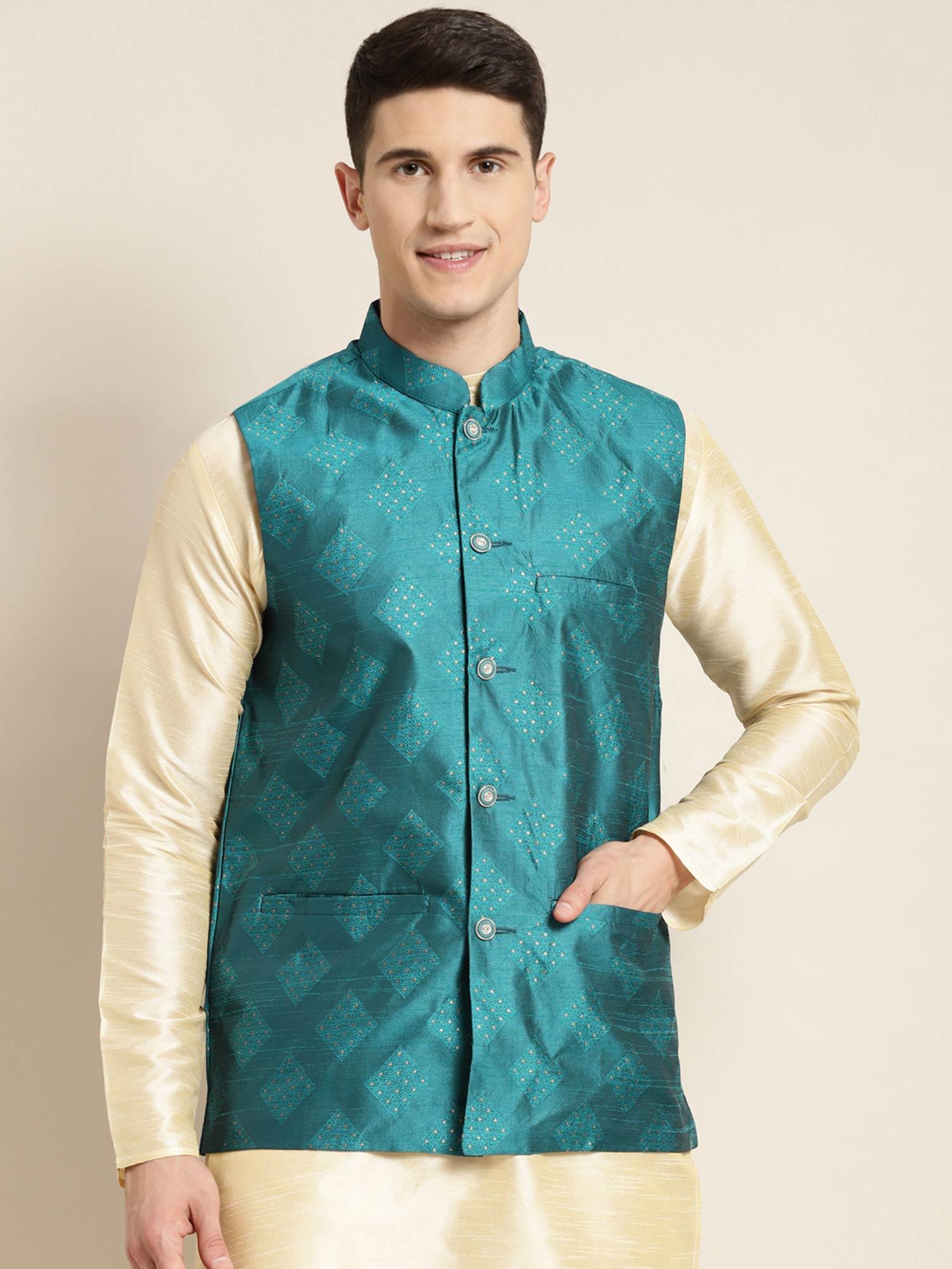 men jacquard silk peacock blue & gold self design nehru jacket