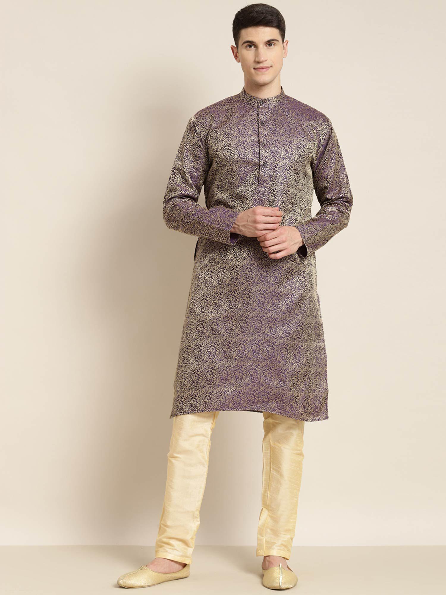 men jacquard silk purple & gold self design long kurta