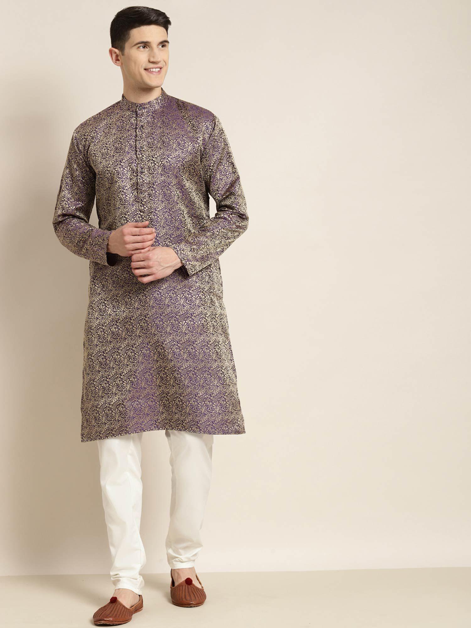 men jacquard silk purple self design kurta with off white churidar pyjama (set of 2)