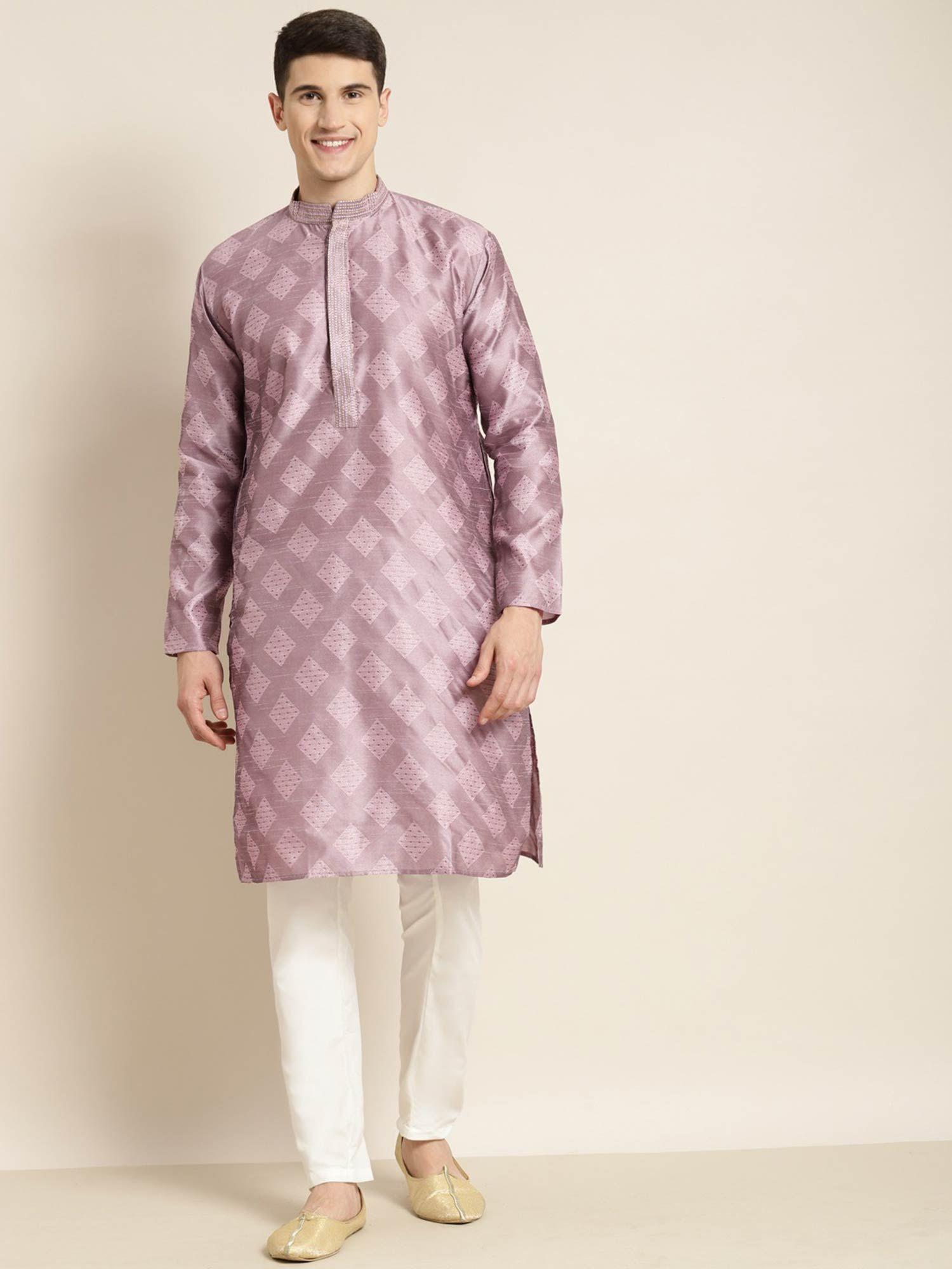 men jacquard silk purple self design kurta with off white churidar pyjama (set of 2)