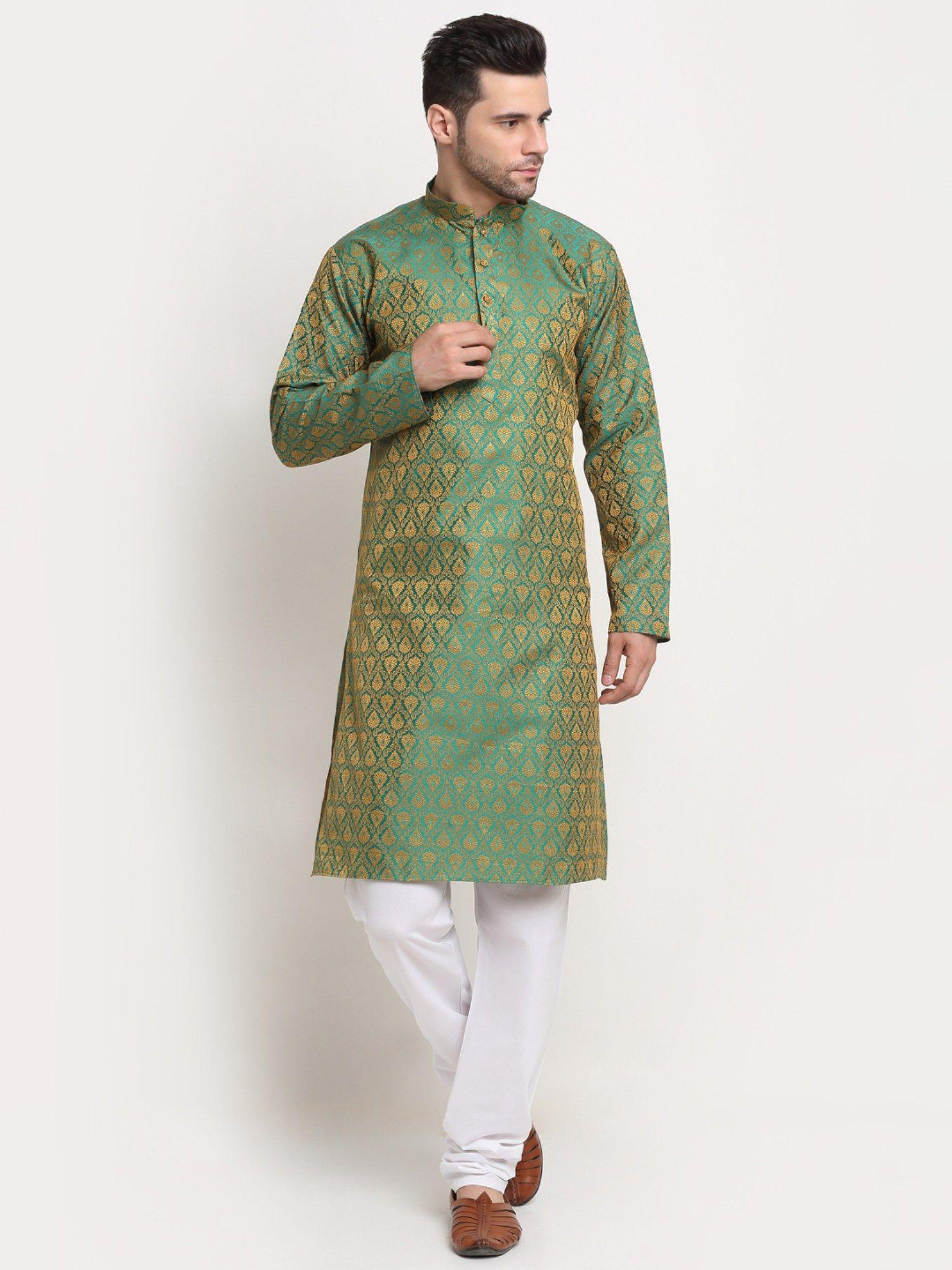 men jacquard woven design green kurta