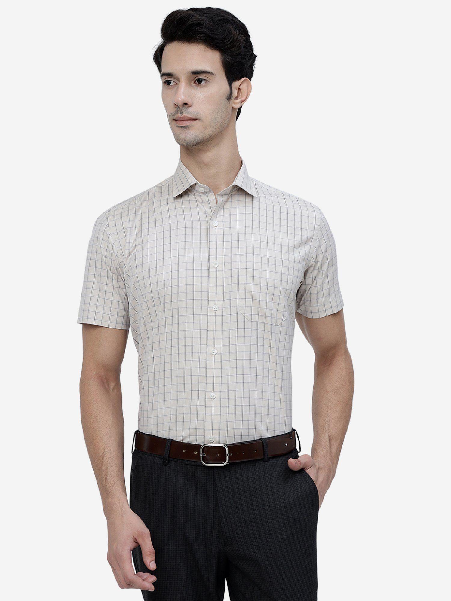 men khaki cotton blend slim fit checked formal shirt
