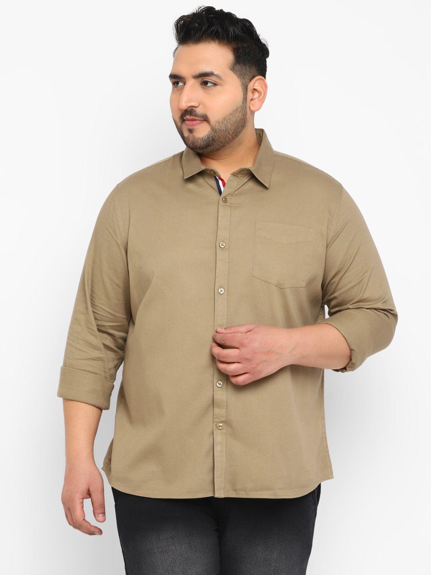 men khaki cotton regular fit casual solid shirt