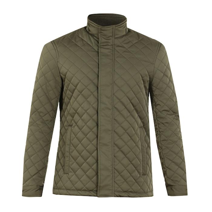 men khaki diamond quilt funnel-neck jacket