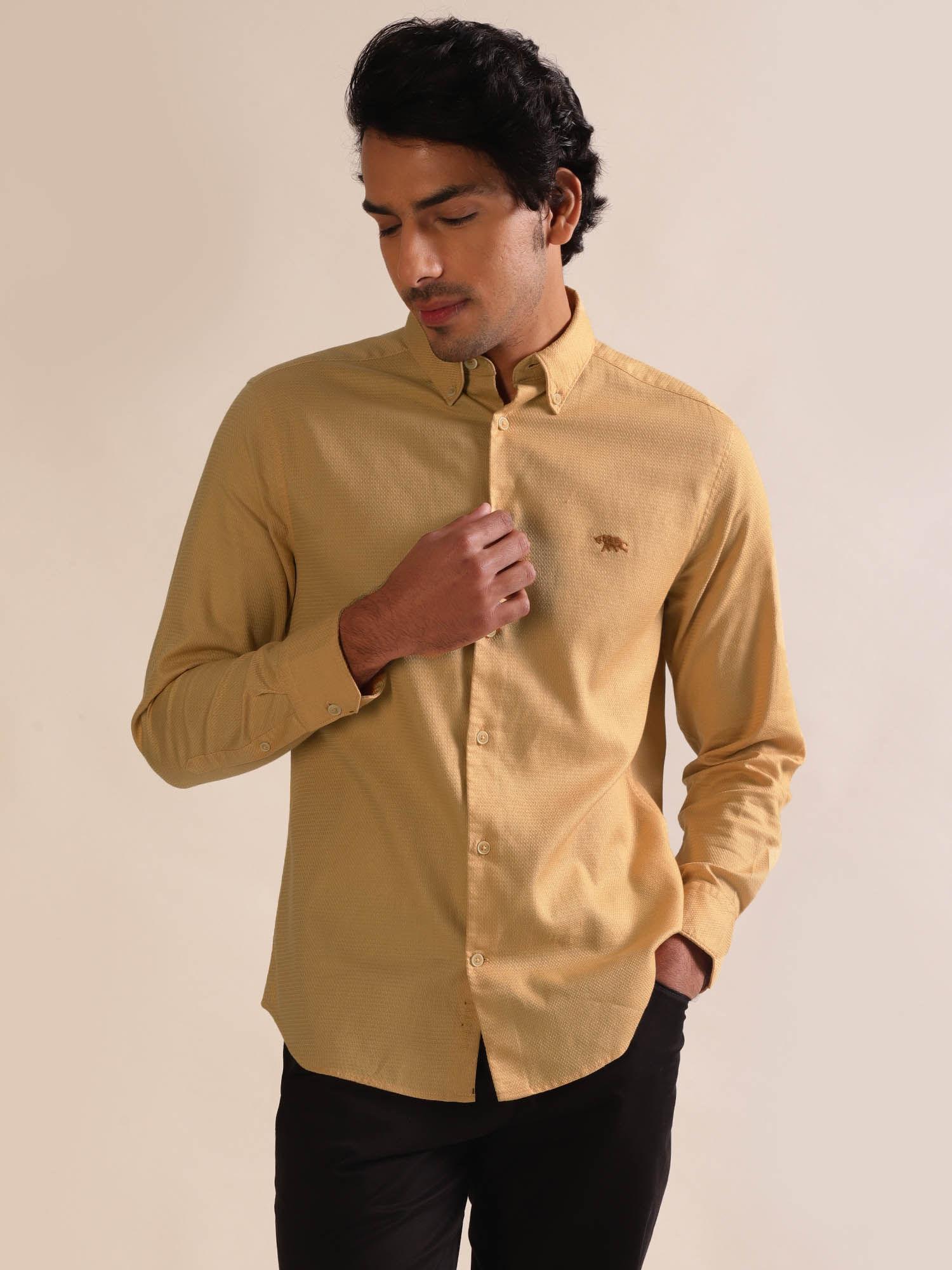 men khaki dobby full sleeve cotton casual shirt