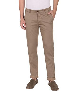 men khaki flat front printed casual trousers