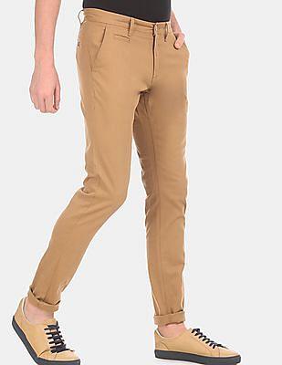 men khaki flat front solid cotton stretch casual trousers