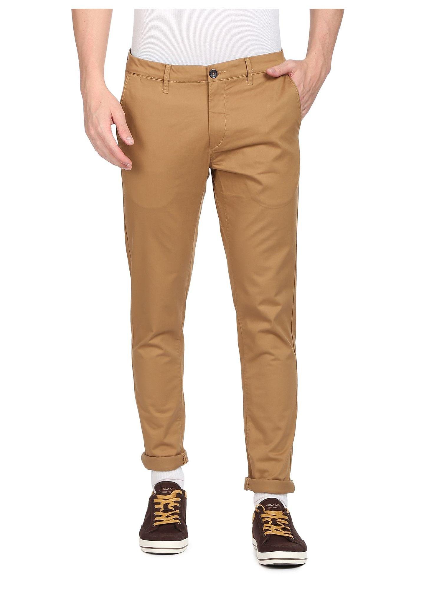 men khaki mid rise solid casual trousers