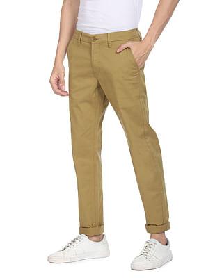 men khaki mid rise solid casual trousers