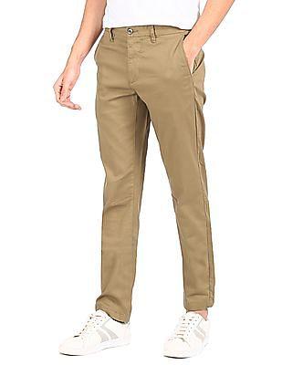 men khaki mid rise solid casual trousers