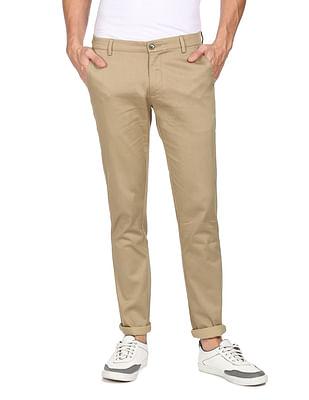 men khaki mid rise textured casual trousers