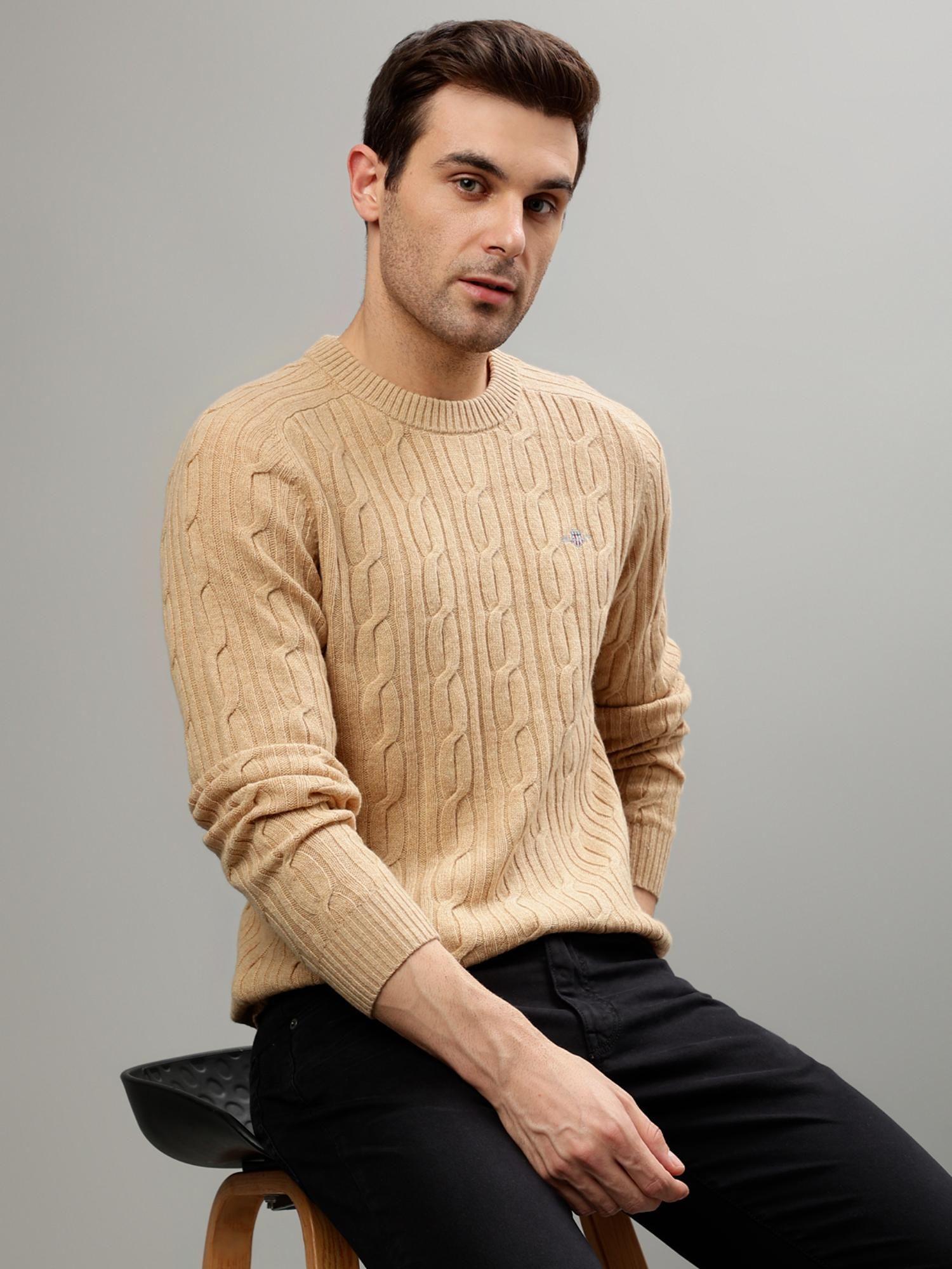 men khaki self design round neck full sleeves sweater