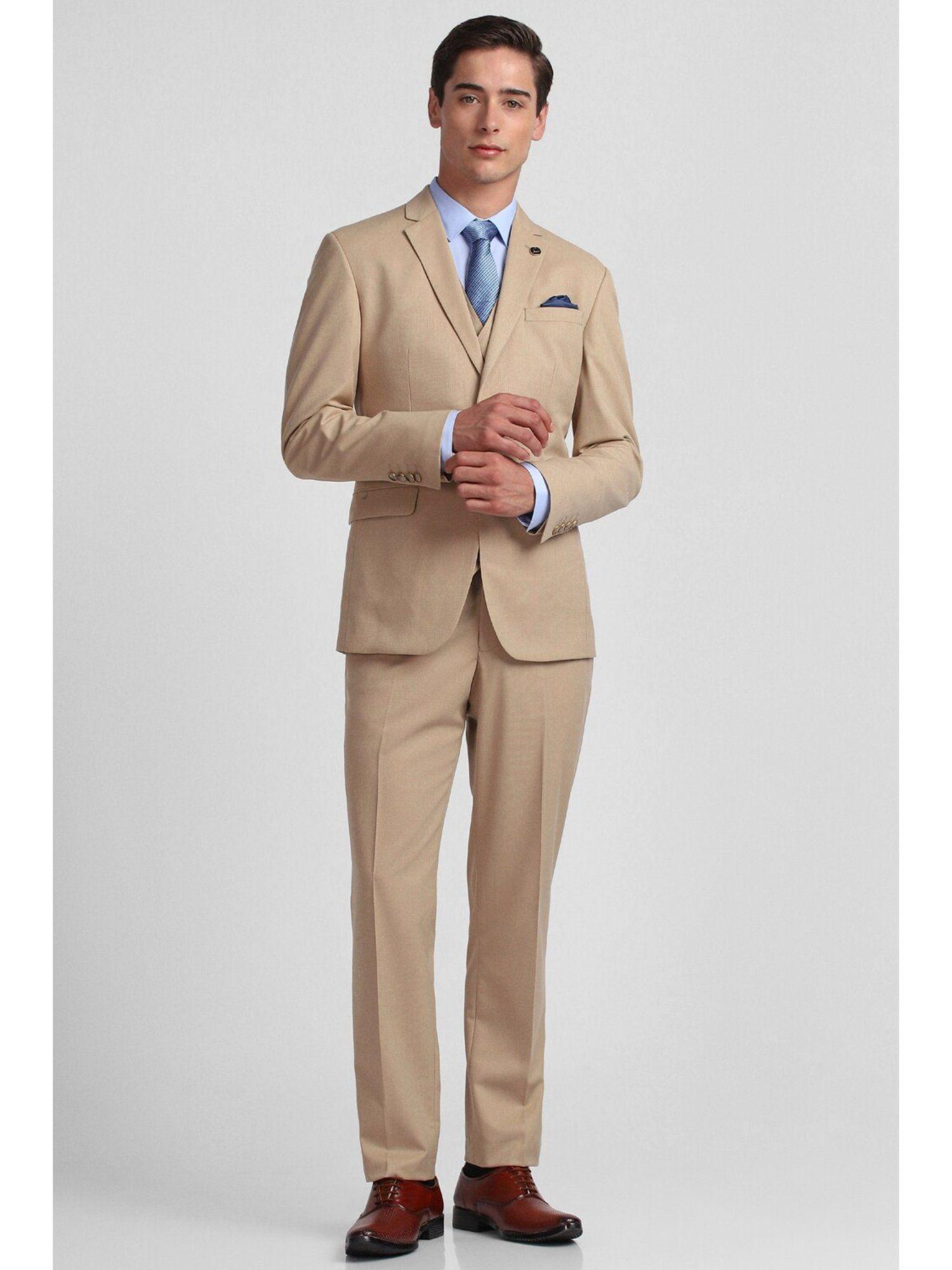 men khaki slim fit solid party three piece suit (set of 3)