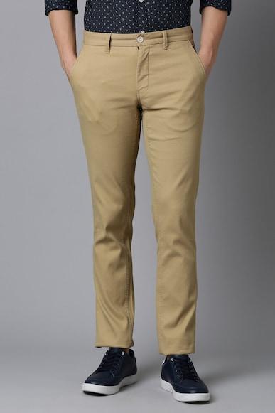 men khaki slim tapered fit solid flat front casual trousers