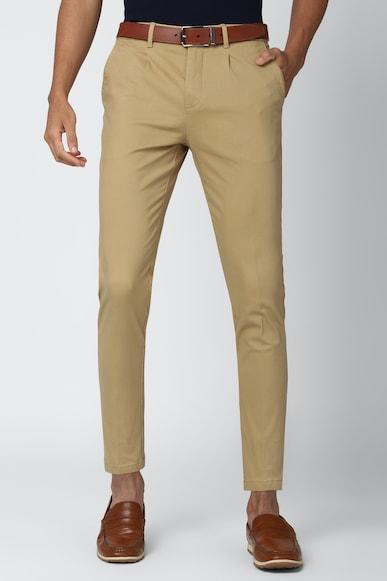 men khaki solid carrot fit casual trousers