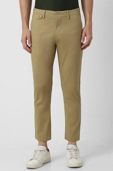 men khaki solid carrot fit casual trousers