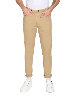 men khaki solid slim tapered fit casual trousers