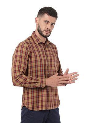 men khaki spread collar check casual shirt
