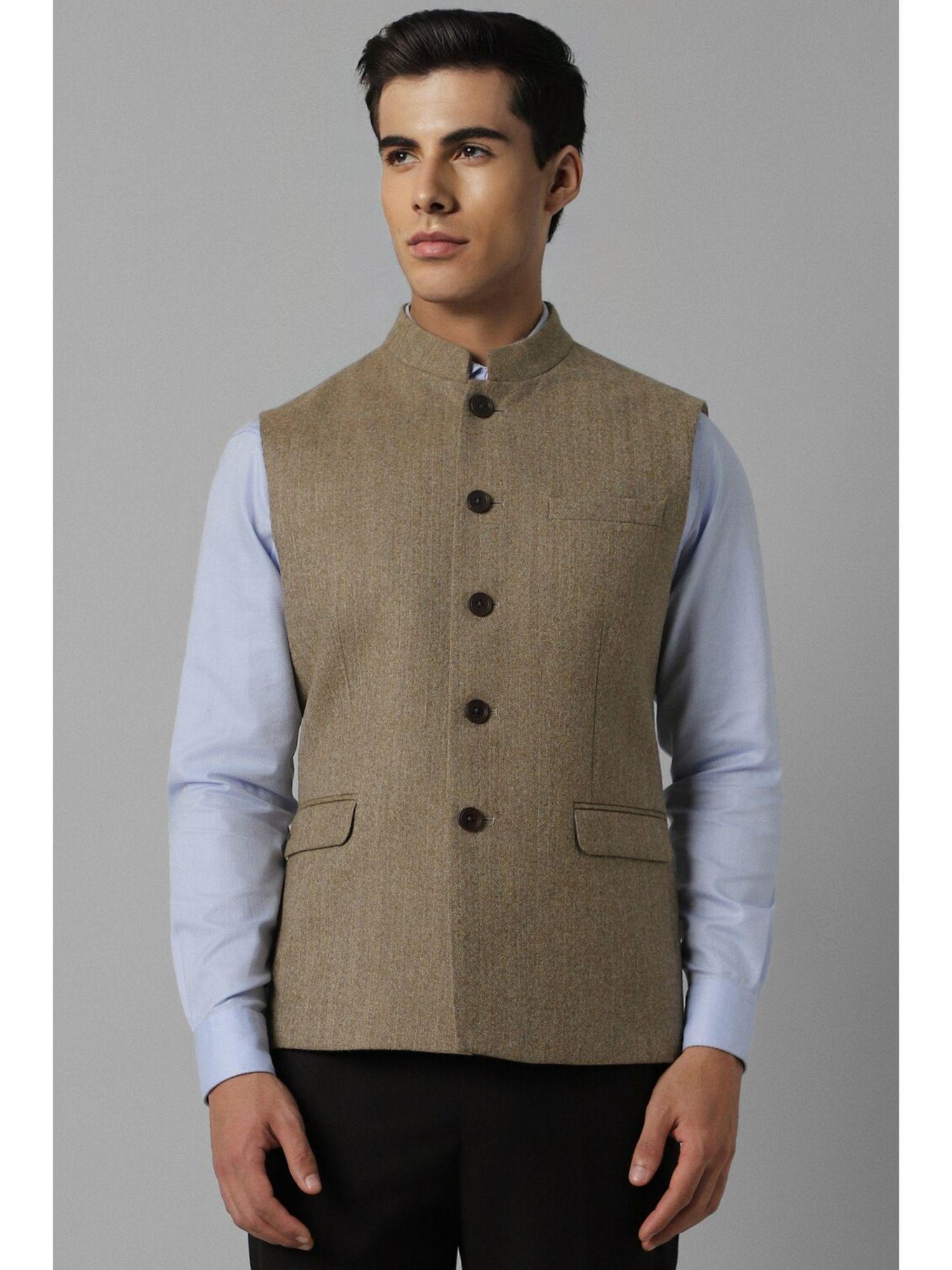 men khaki textured slim fit party nehru jacket