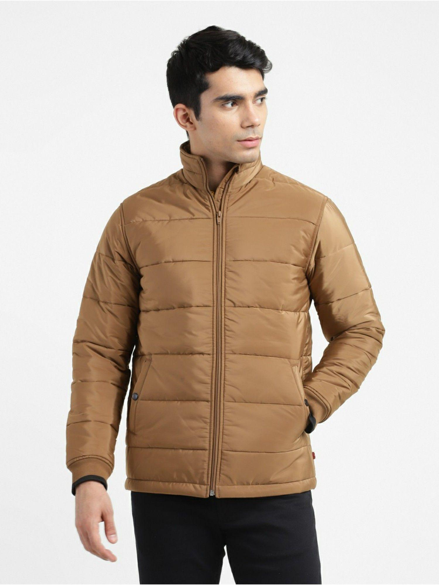 men khaki turtle neck quilted jacket