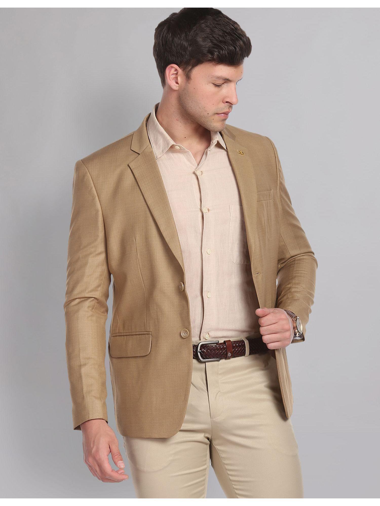 men khaki twill weave abstract pattern formal blazer