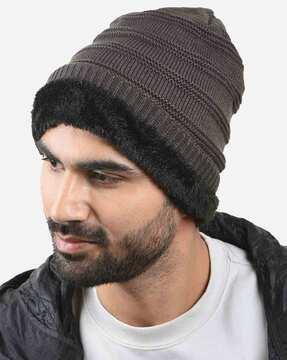 men knitted fur beanie with upturned hem