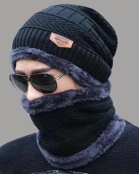 men knitted woven beanies with neck warmer