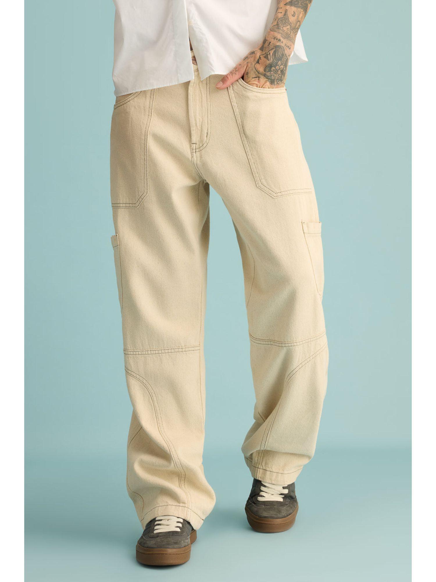 men latte contrast cargo wide jeans