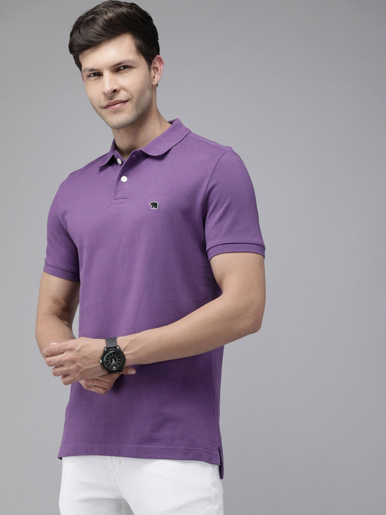 men lavender solid slim fit polo collar pure cotton t-shirt