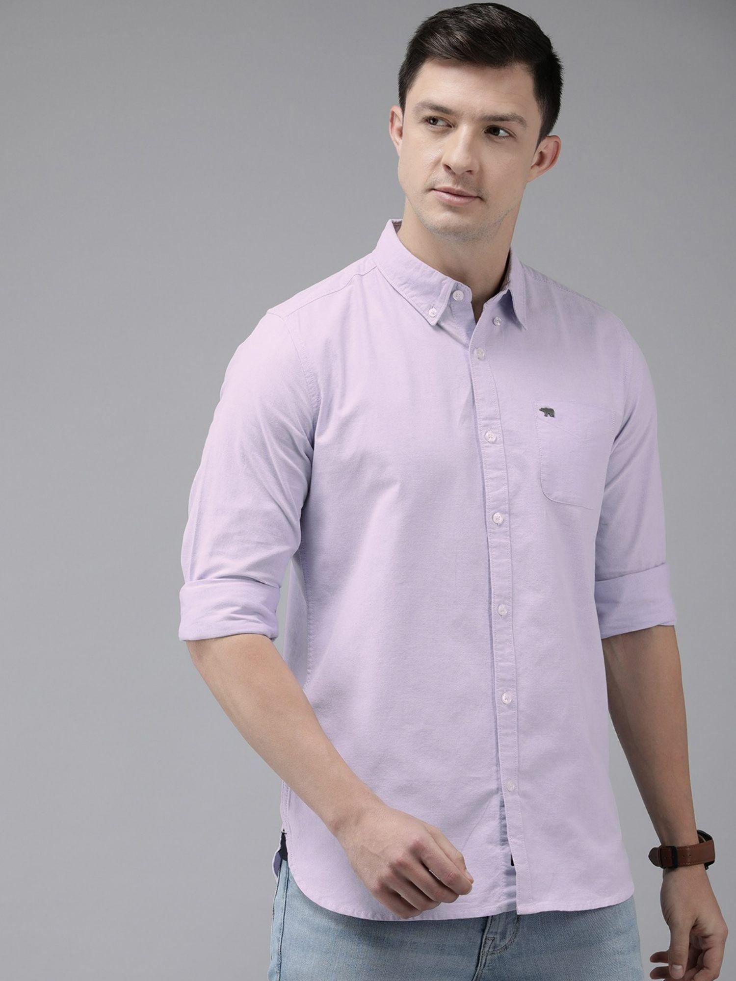 men lavender solid slim fit pure cotton casual shirt